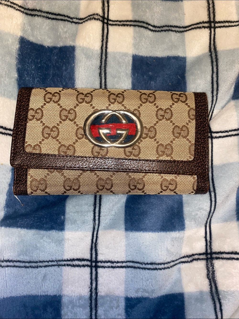 Gucci Beige Brown Monogram Wallet with Red and Blue Stripe Logo